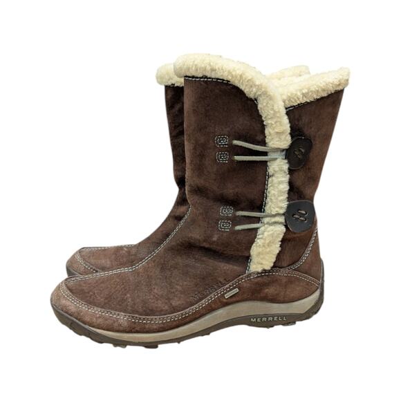 Merrell Yarra Chestnut Suede Boots Shearling Winter Brown Womens 9.5 Gorpcore - Picture 3 of 7